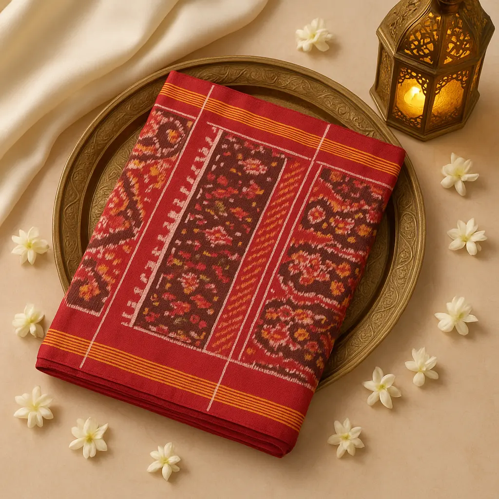 Exquisite Red Handloom Ikat Silk Saree with Traditional Motifs