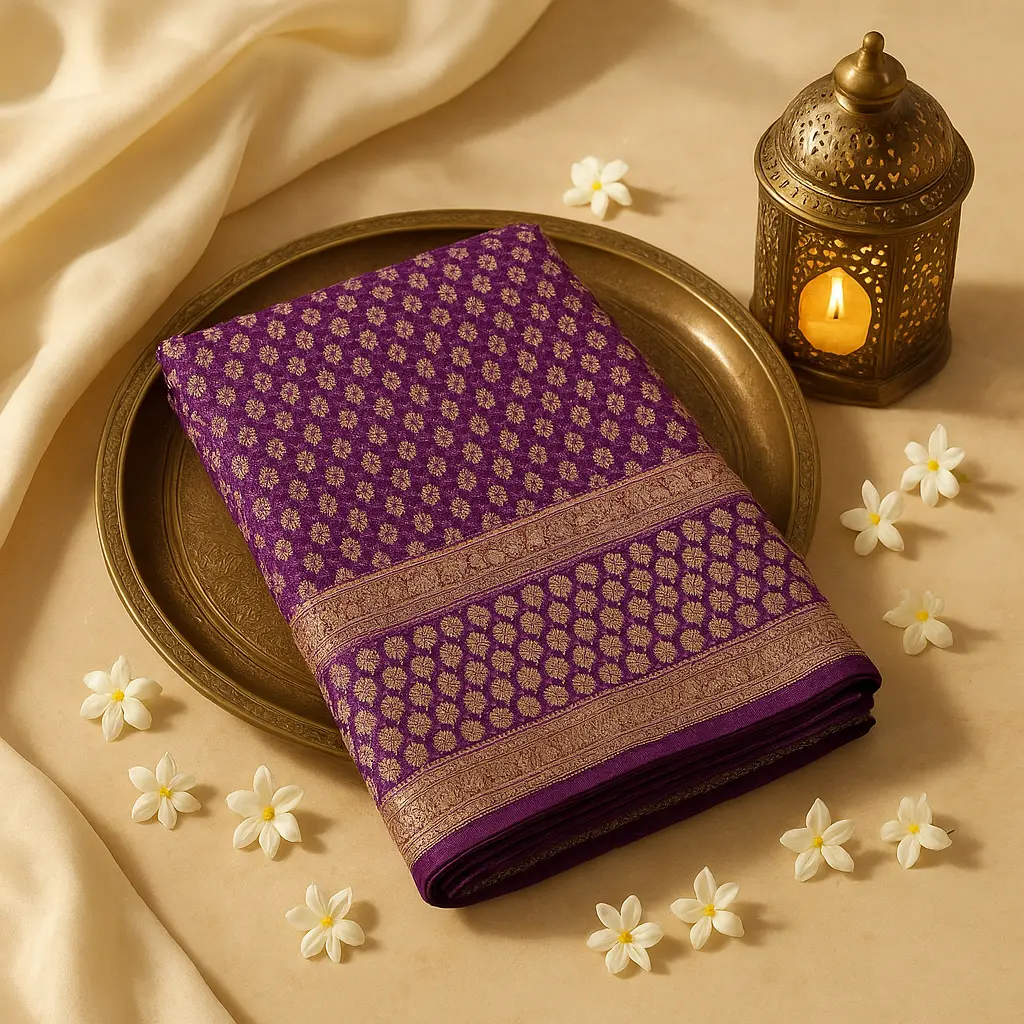 Royal Purple Bandhani Saree with Intricate Gold Zari Border