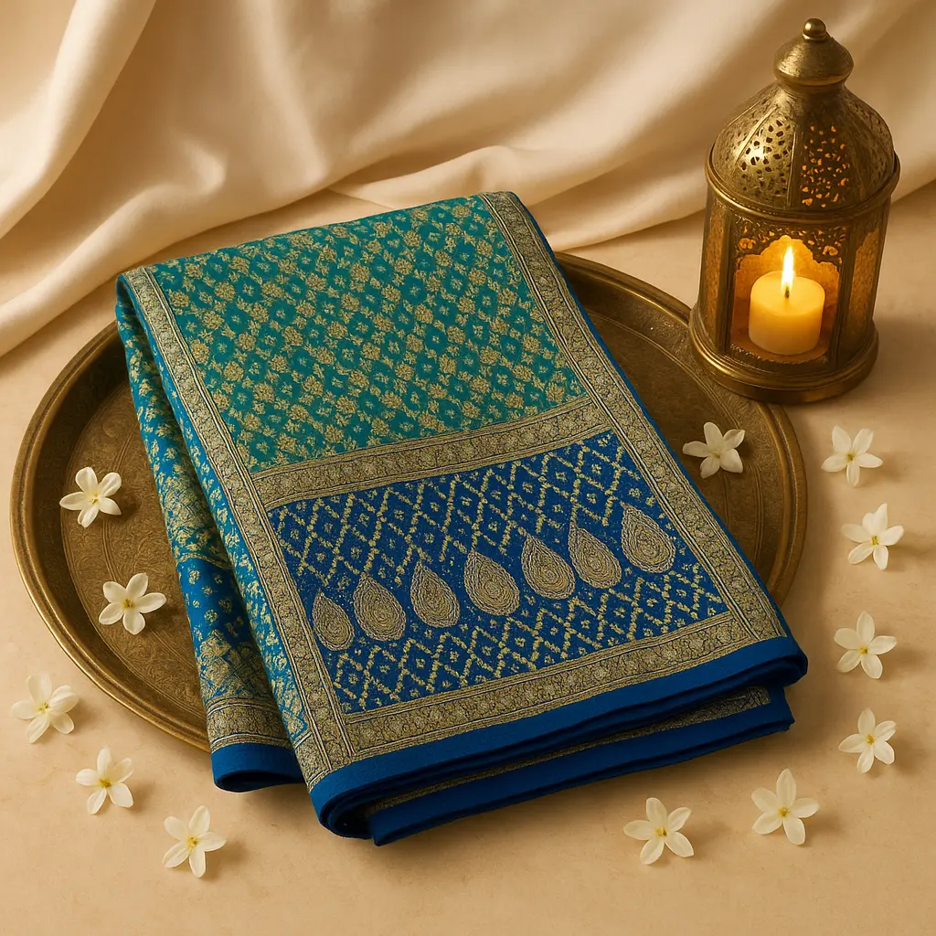 Stunning Ombre Blue and Green Banarasi Bandhani Silk Saree