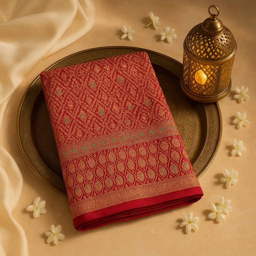 Exquisite Red Banarasi Silk Saree with Traditional Bandhani Details