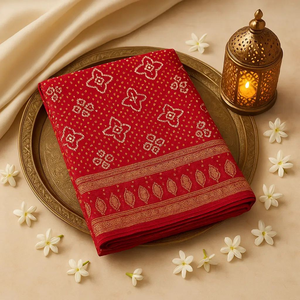 Exquisite Red Gaji Silk Bandhani Saree with Nakshi Zari Border