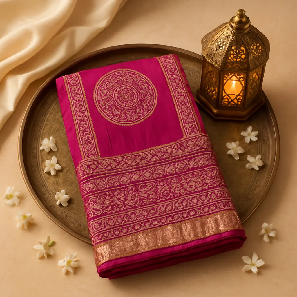 Exquisite Magenta Hand-Dyed Bandhani Saree with Rich Gold Border