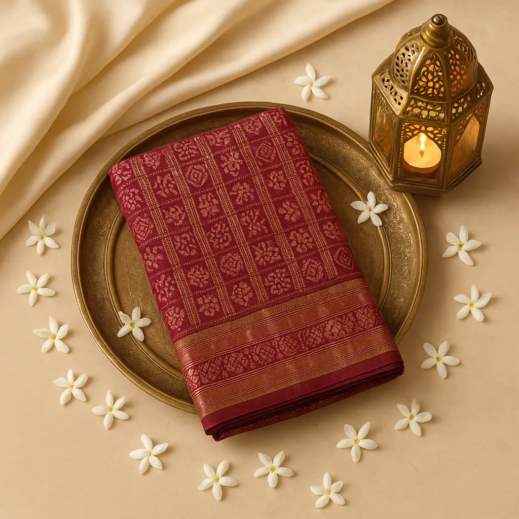 Elegant Maroon Bandhani Saree with Luxurious Zari Checkered Pattern