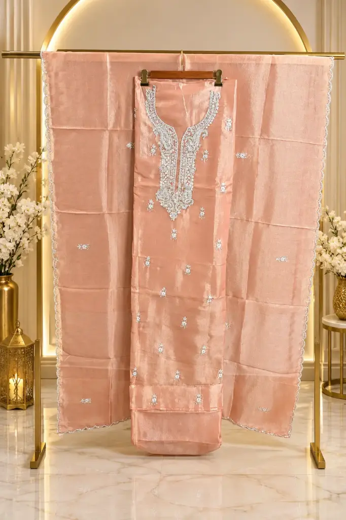Premium Peach Silk Suit Material with Intricate Silver Embroidery n Scalloped Dupatta