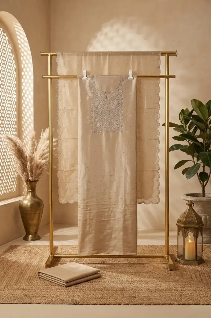 Champagne Gold Tissue Silk Unstitched Designer Suit Material