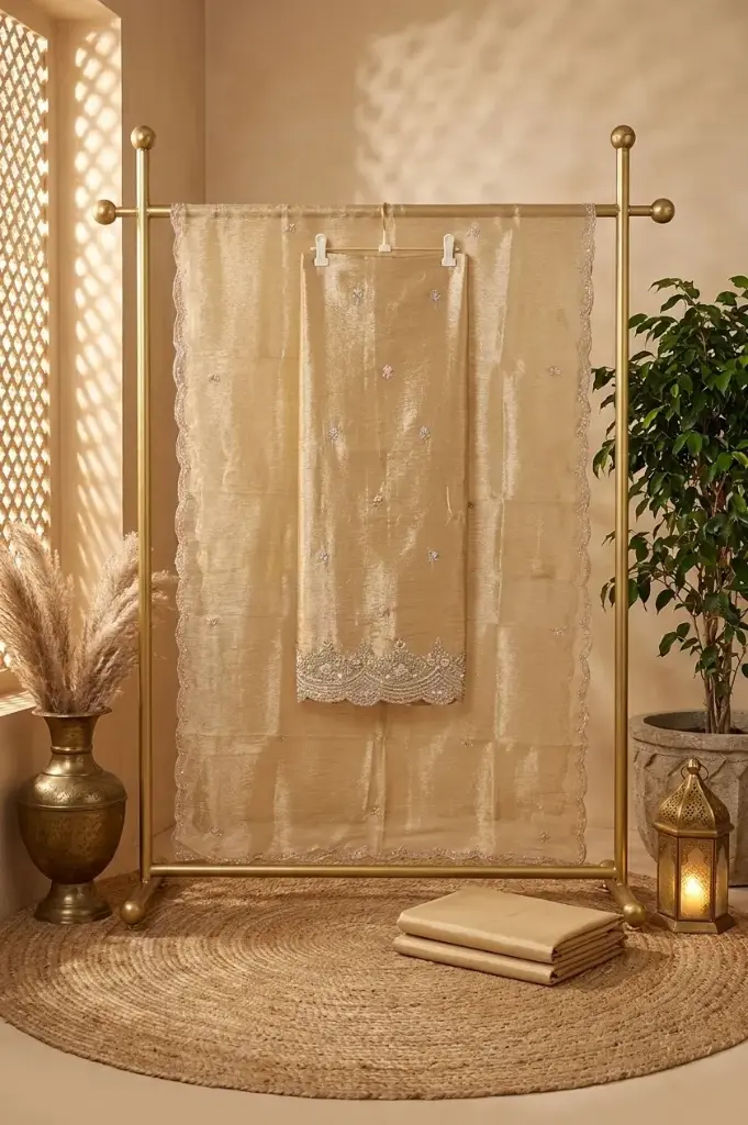Champagne Gold Tissue Unstitched Designer Suit Material Set