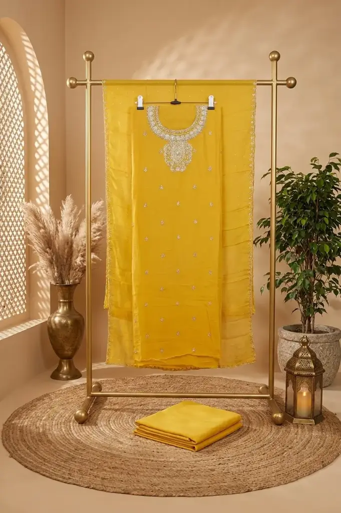 Bright Yellow Embroidered Georgette Unstitched Dress Material Suit