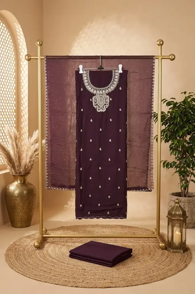 Royal Wine Silk Embroidered Unstitched Dress Material Set 