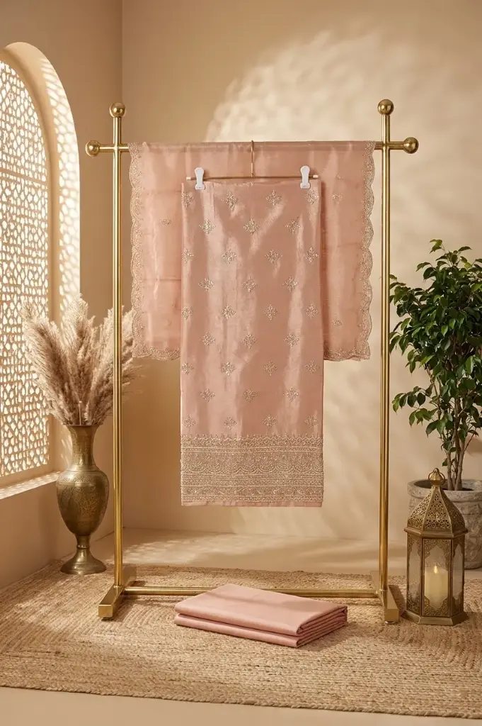 Peach Tissue Silk Embroidered Unstitched Suit Material