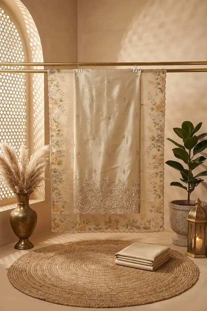 Champagne Gold Embroidered Tissue Silk Unstitched Suit Set