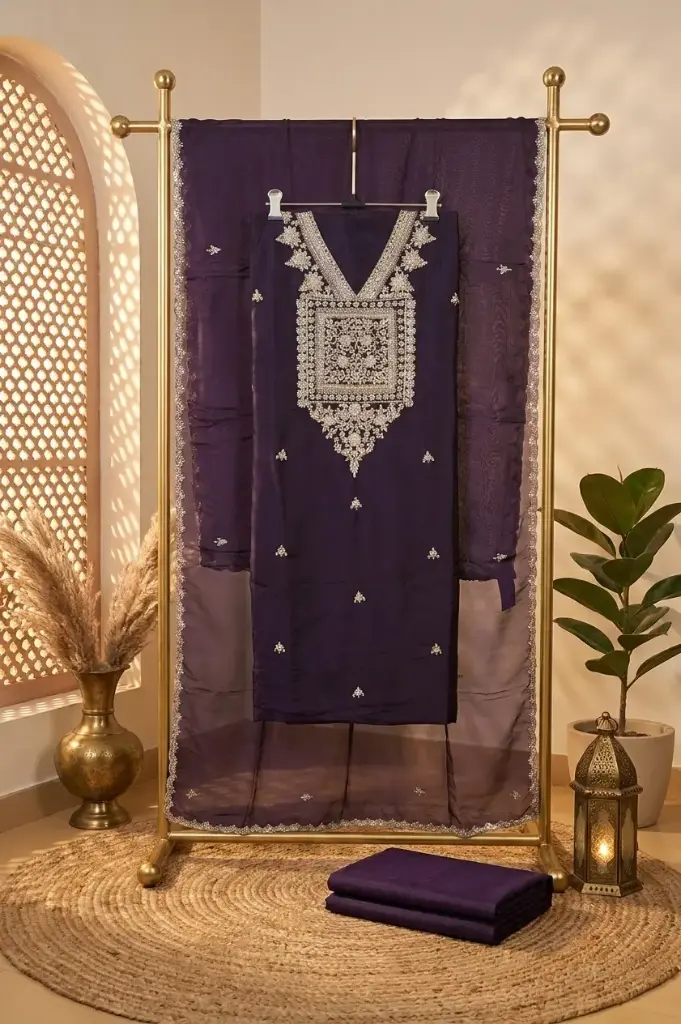 Deep Purple Silk Unstitched Suit with Intricate Embroidered Yoke
