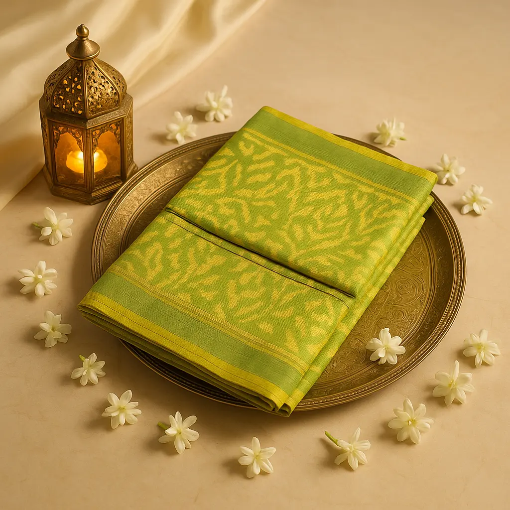 Elegant Lime Green Ikat Silk Saree with Traditional Border