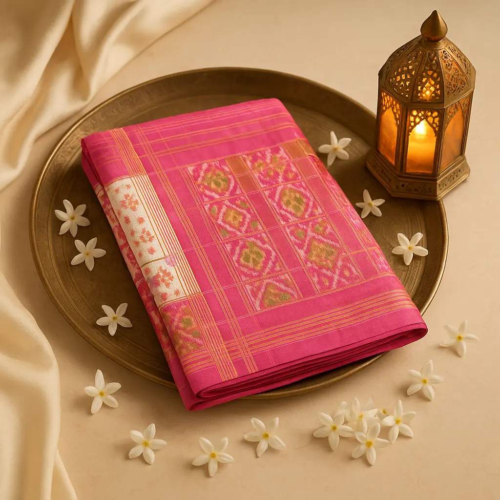 Elegant Pink and Cream Patola Silk Saree with Zari