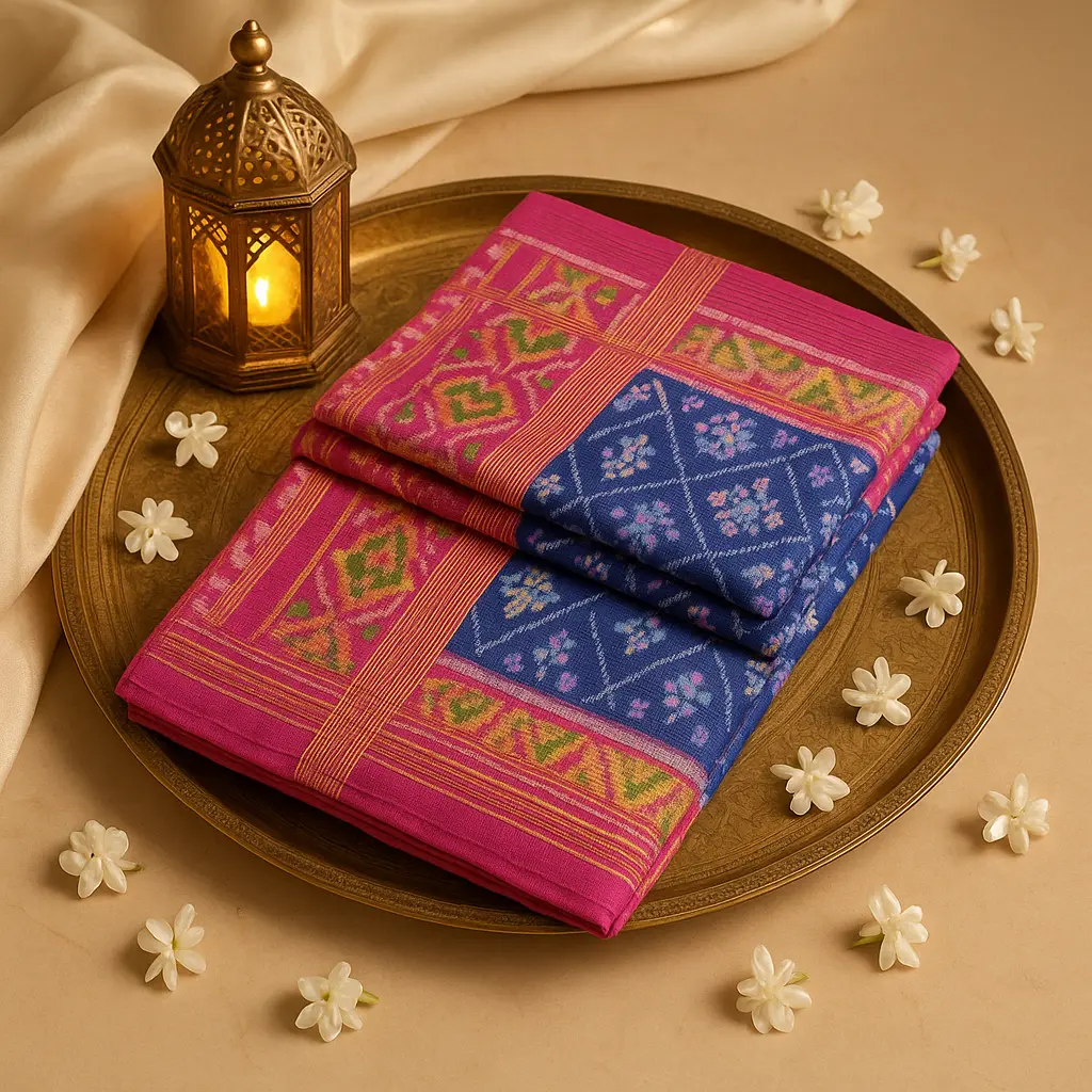 Elegant Dual-Tone Silk Saree with Traditional Ikat Patterns