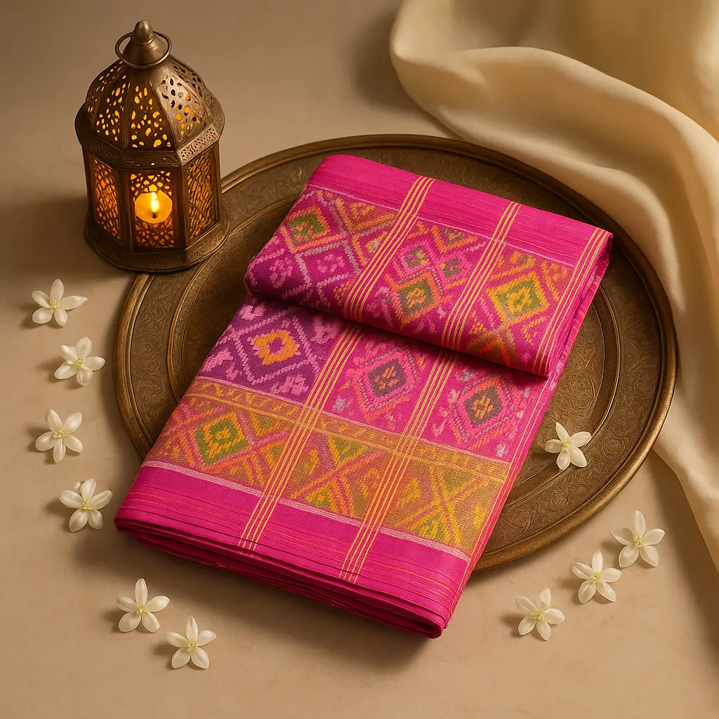 Vibrant Pink Handloom Ikat Saree with Traditional Motifs