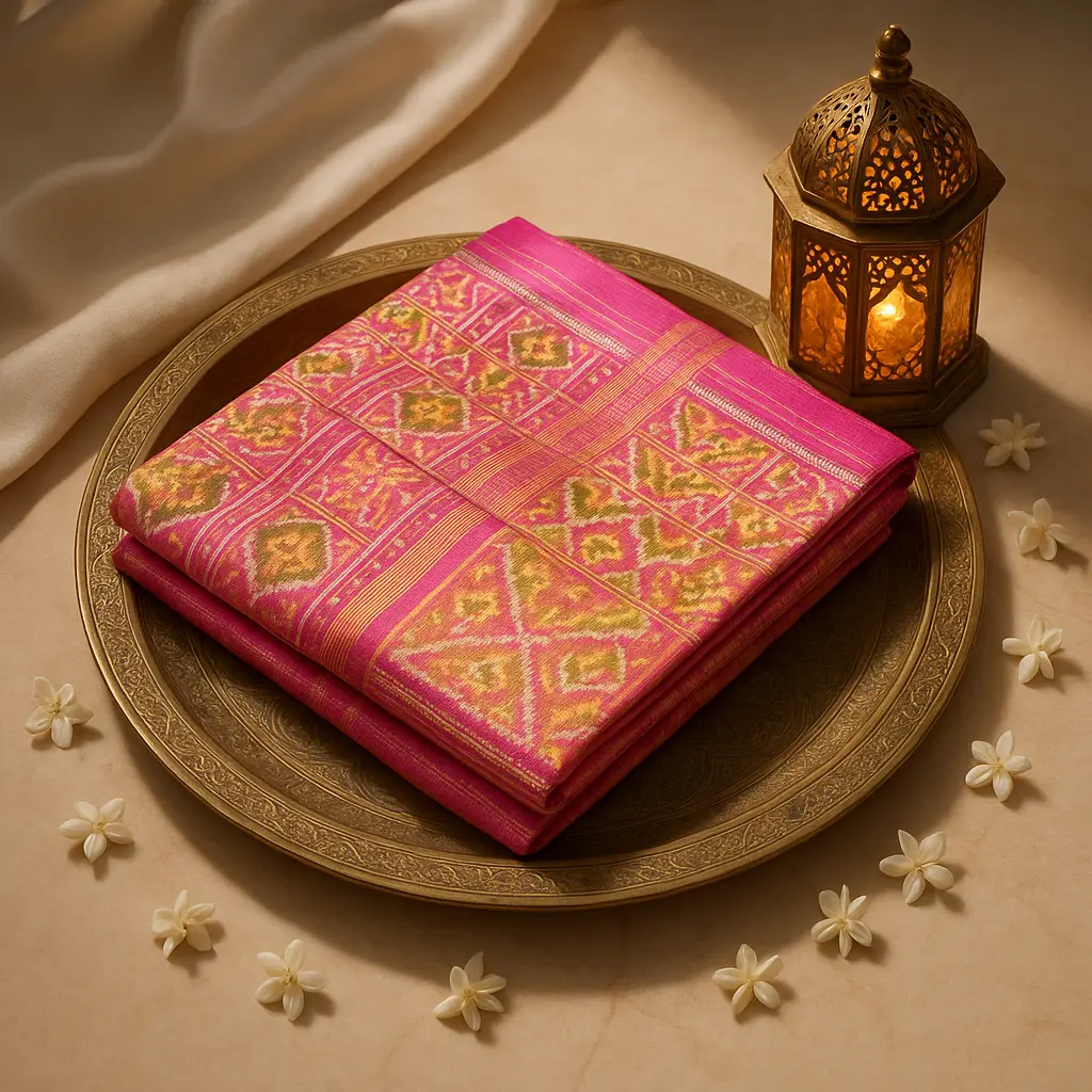 Exquisite Pink Traditional Ikat Silk Saree with Zari Border