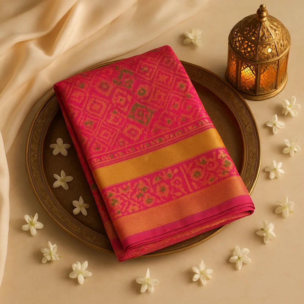 Exquisite Pink and Yellow Patola Silk Saree with Zari Border 