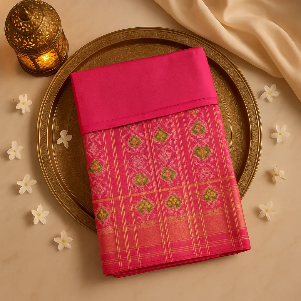 Vibrant Pink Handloom Silk Saree with Traditional Ikat Motifs 