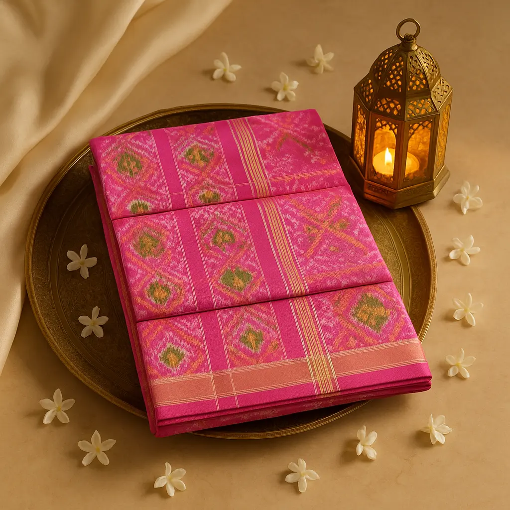 Elegant Pink Ikat Designer Saree with Traditional Zari Border