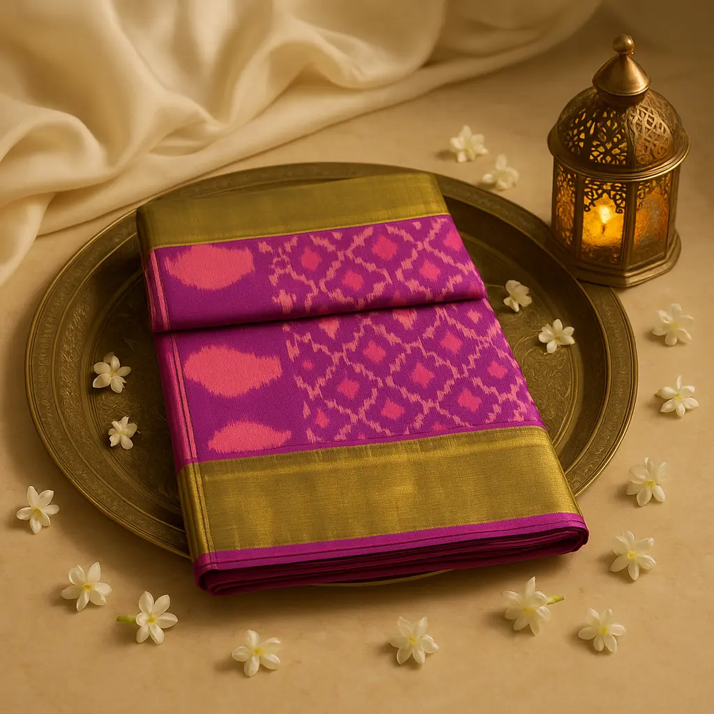 Elegant Purple Handloom Ikat Saree with Antique Gold Border
