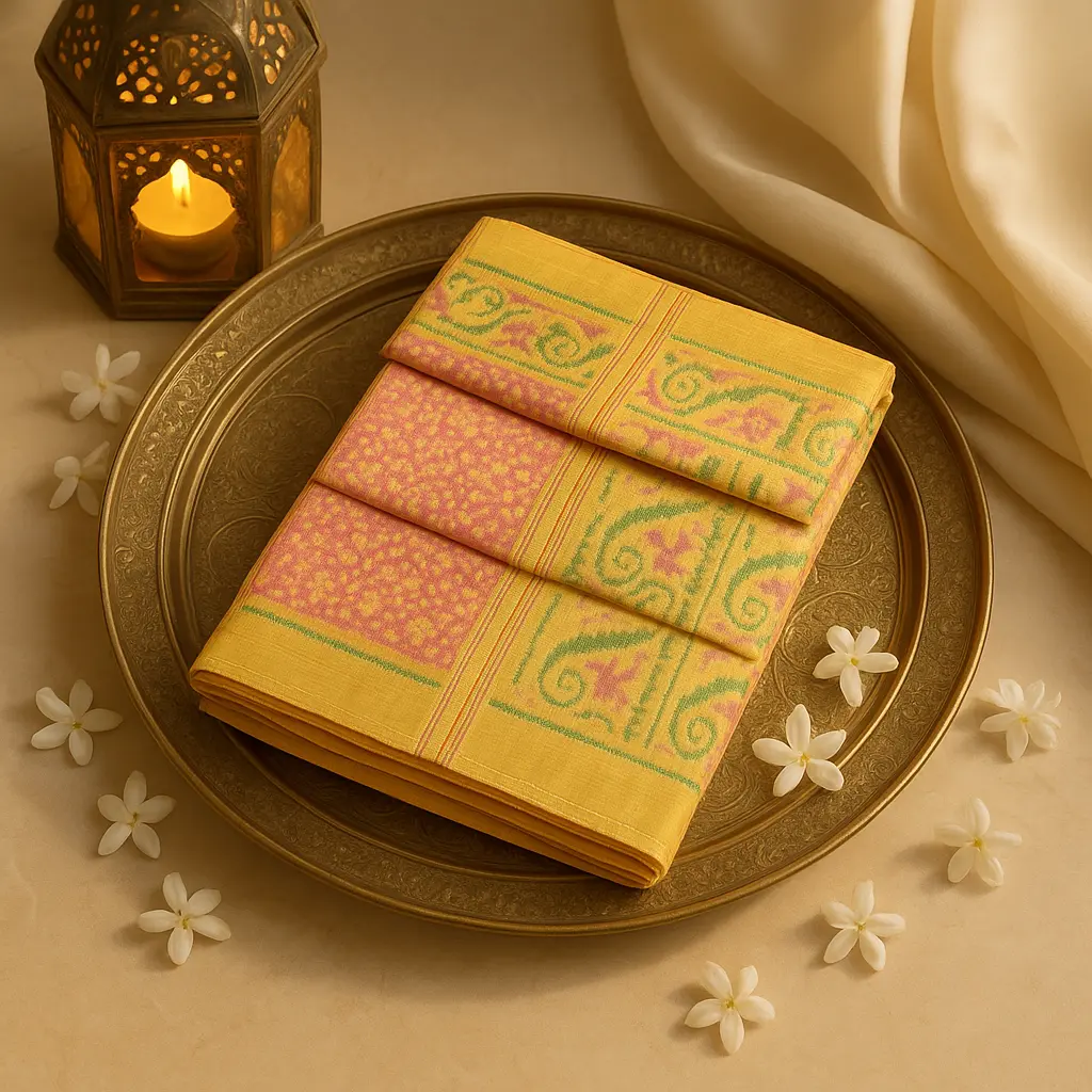 Elegant Yellow Silk Ikat Saree with Vibrant Patterned Border