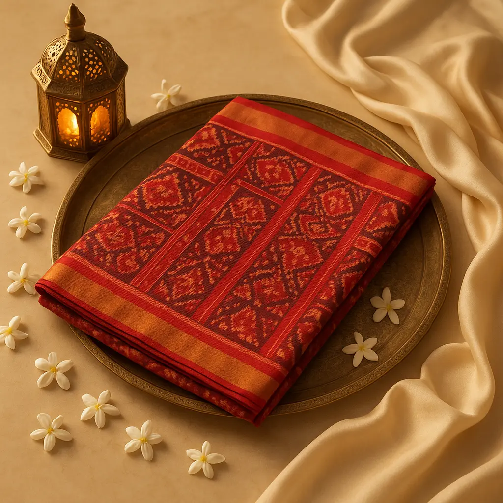 Elegant Red Ikat Silk Saree with Traditional Zari Border