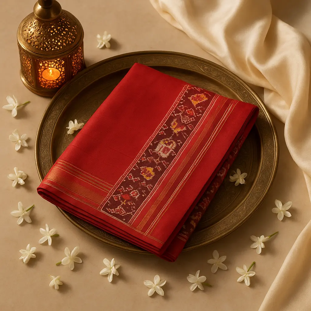 Elegant Red Silk Saree with Traditional Ikat Elephant Motifs