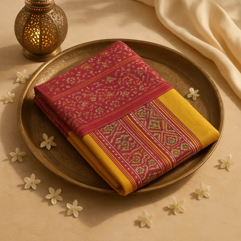 Elegant Maroon and Mustard Patola Silk Designer Saree
