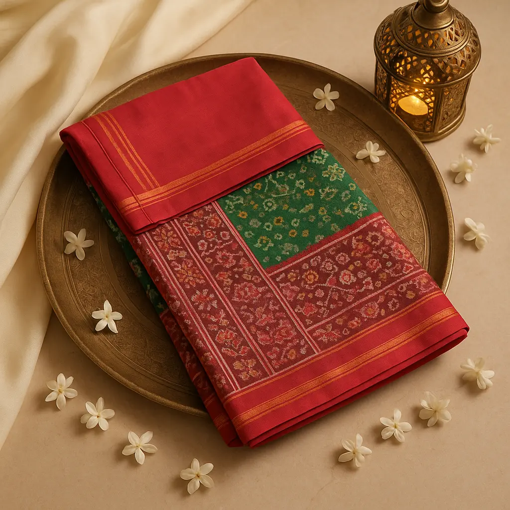 Luxury Handcrafted Red and Green Patola Silk Saree