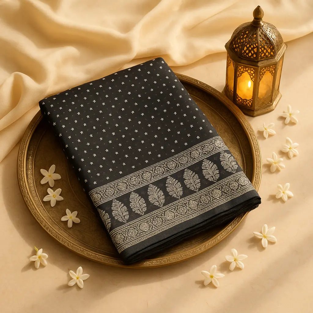 Elegant Black Bandhani Saree with Traditional Lucknowi Border