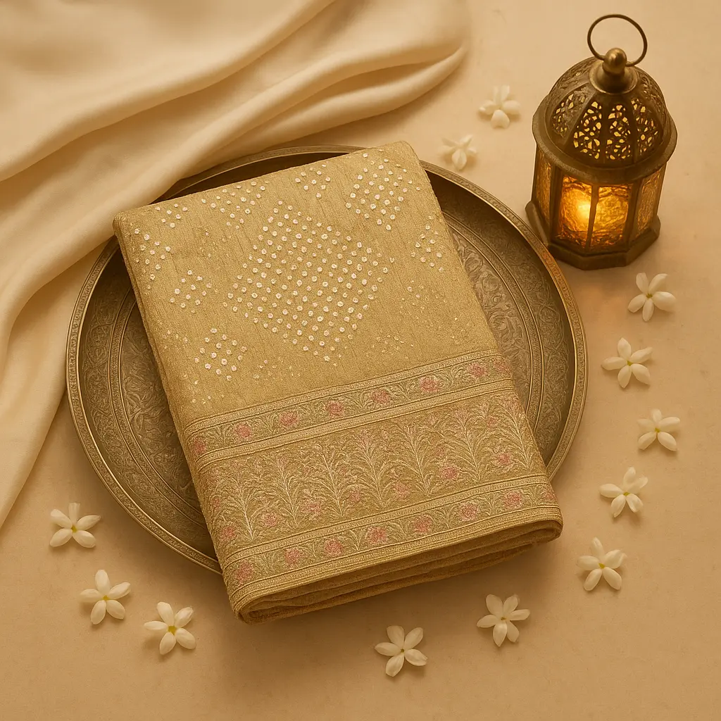 Elegant Gold Crinkled Saree with Traditional Floral Embroidery