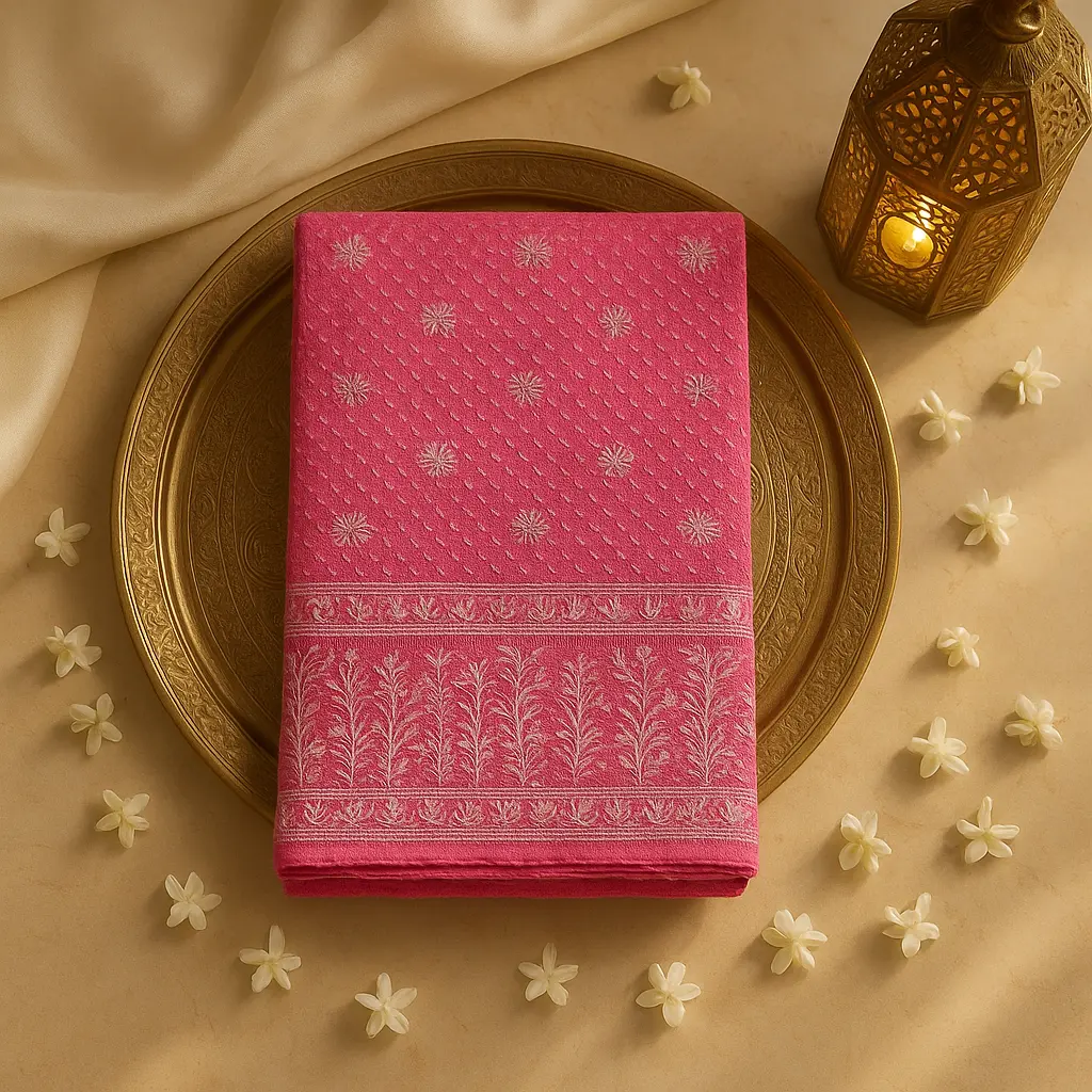 Elegant Pink Bandhani Saree with Intricate Lucknawi Butta Embroidery