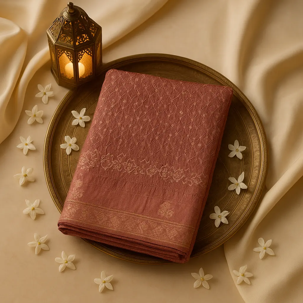 Elegant Dusty Rose Bandhani Saree with Traditional Zari Border