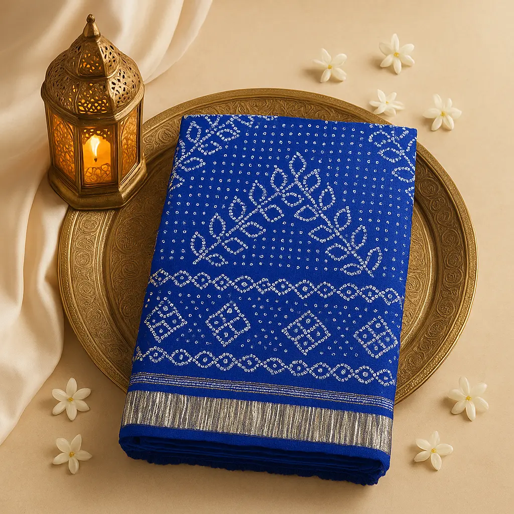 Royal Blue Gaji Silk Bandhani Saree with Rich Silver Border