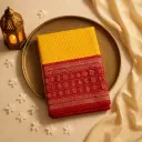 Yellow and Red Bandhani Saree with Zari Chequered Border