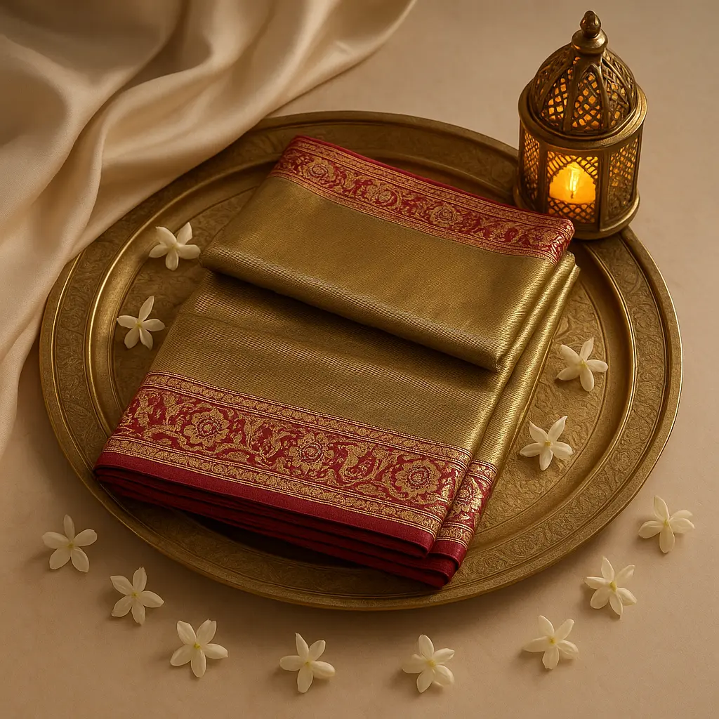 Luxury Gold Silk Saree with Crimson Meenakari Border