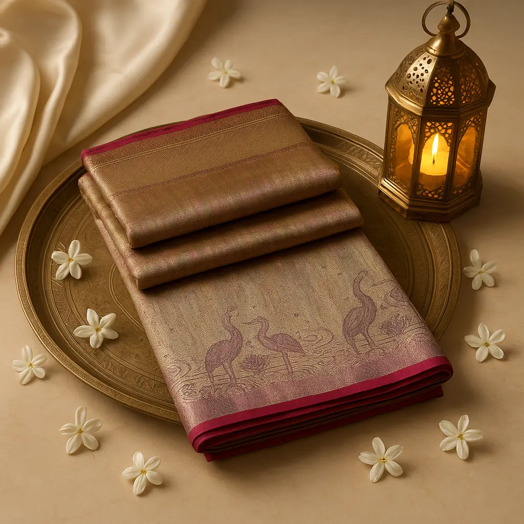 Luxurious Gold Tissue Silk Saree with Elegant Crane Motifs