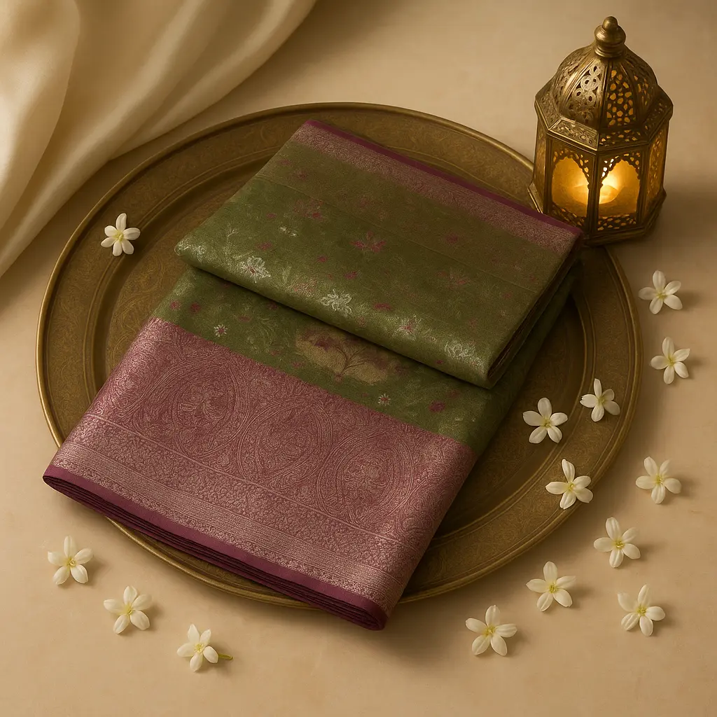 Exquisite Olive Green and Maroon Tissue Silk Designer Saree
