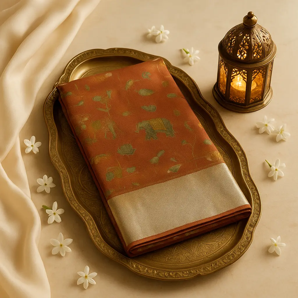 Luxury Rust Gold Tissue Silk Saree with Meenakari Motifs