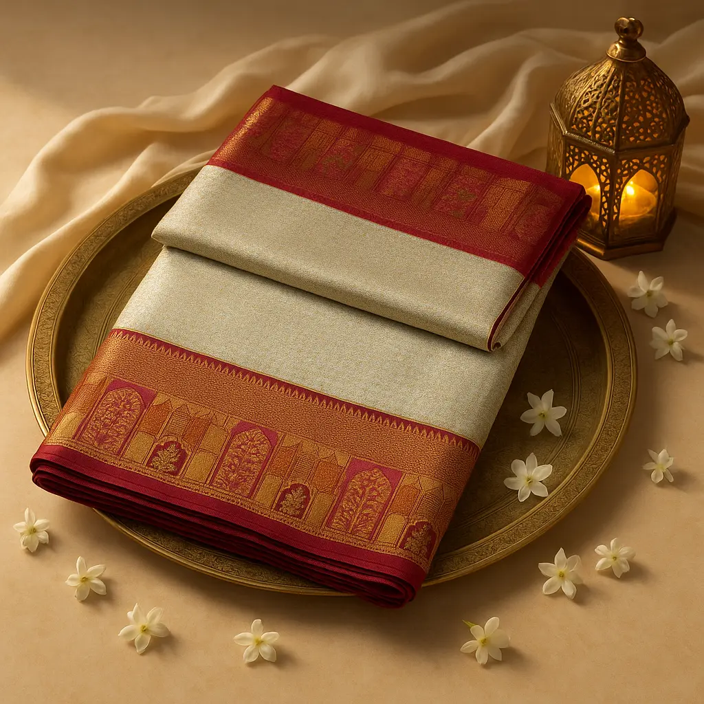 Elegant Off-White and Maroon Meena Brocade Silk Saree