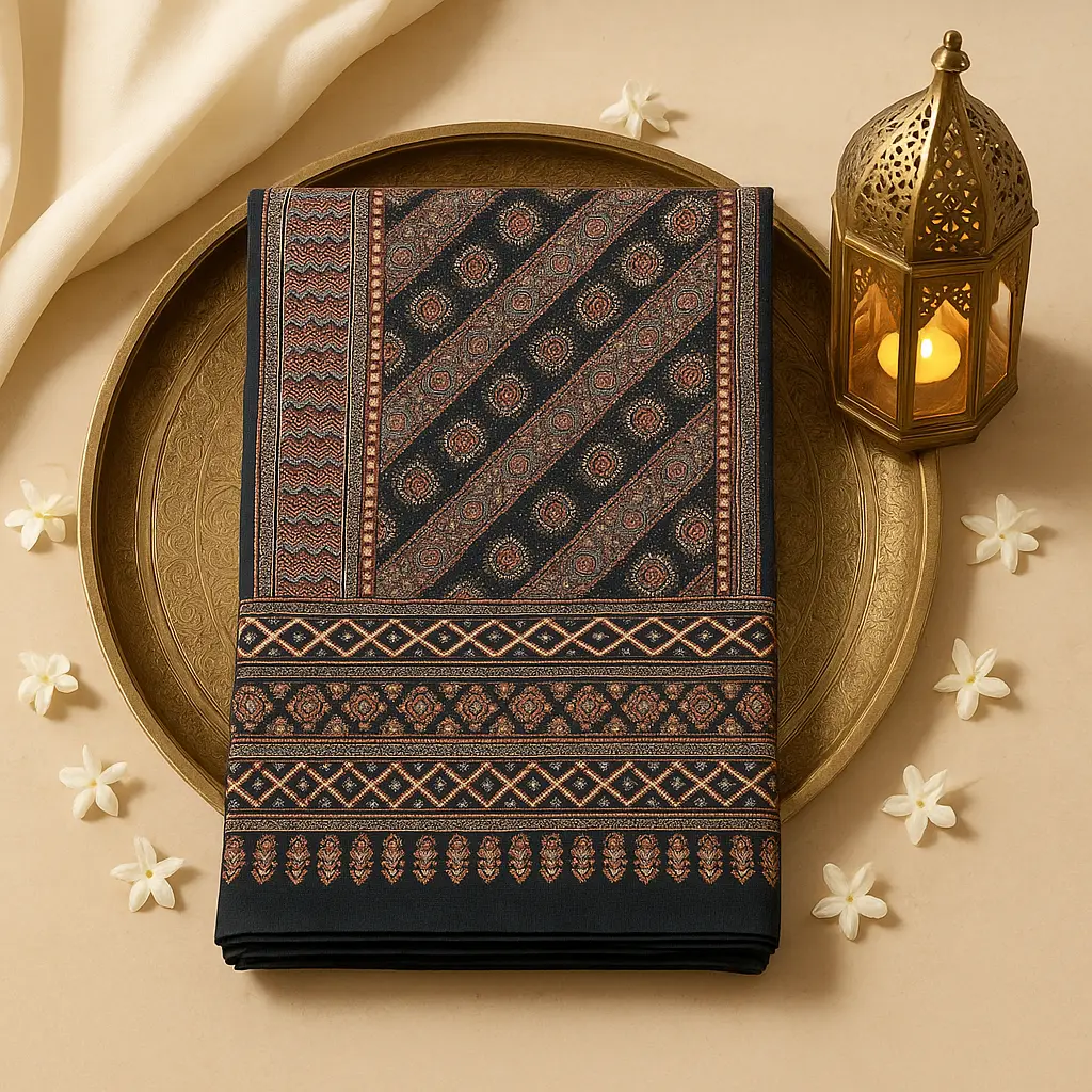 Elegant Ajrakh Inspired Designer Saree with Intricate Zari Detailing