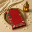 Vibrant Red Designer Saree with Multicoloured Patchwork Border