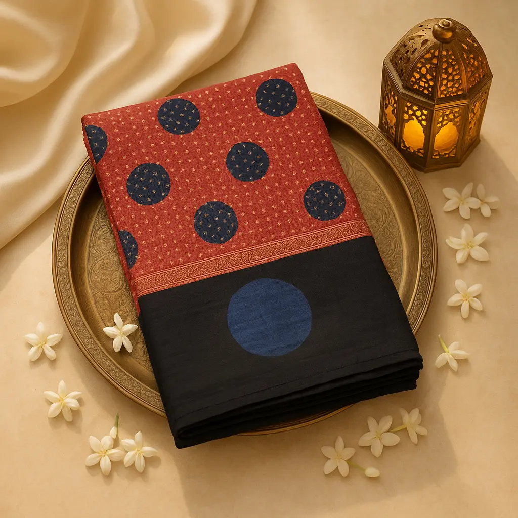Elegant Maroon and Black Hand Block Printed Ajrakh Saree