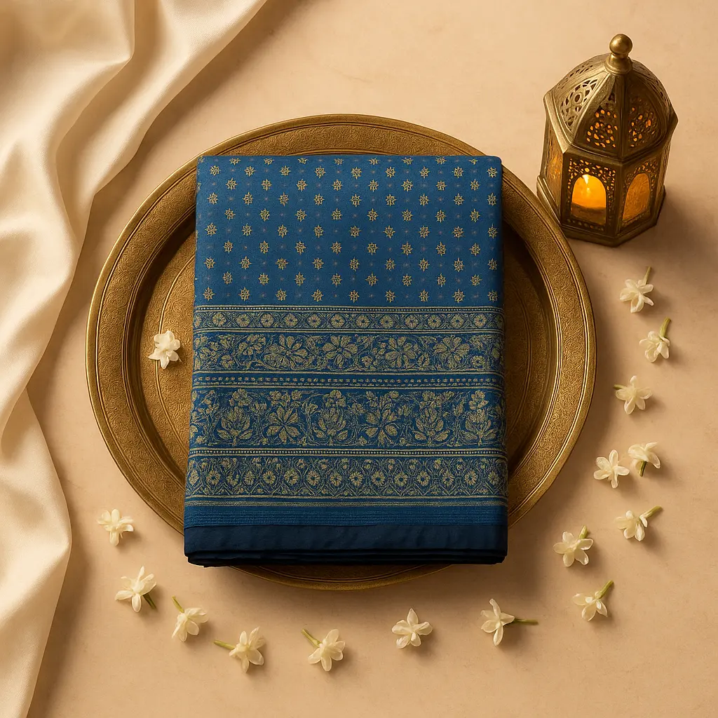 Elegant Blue Ajrakh Printed Silk Saree with Zari Border