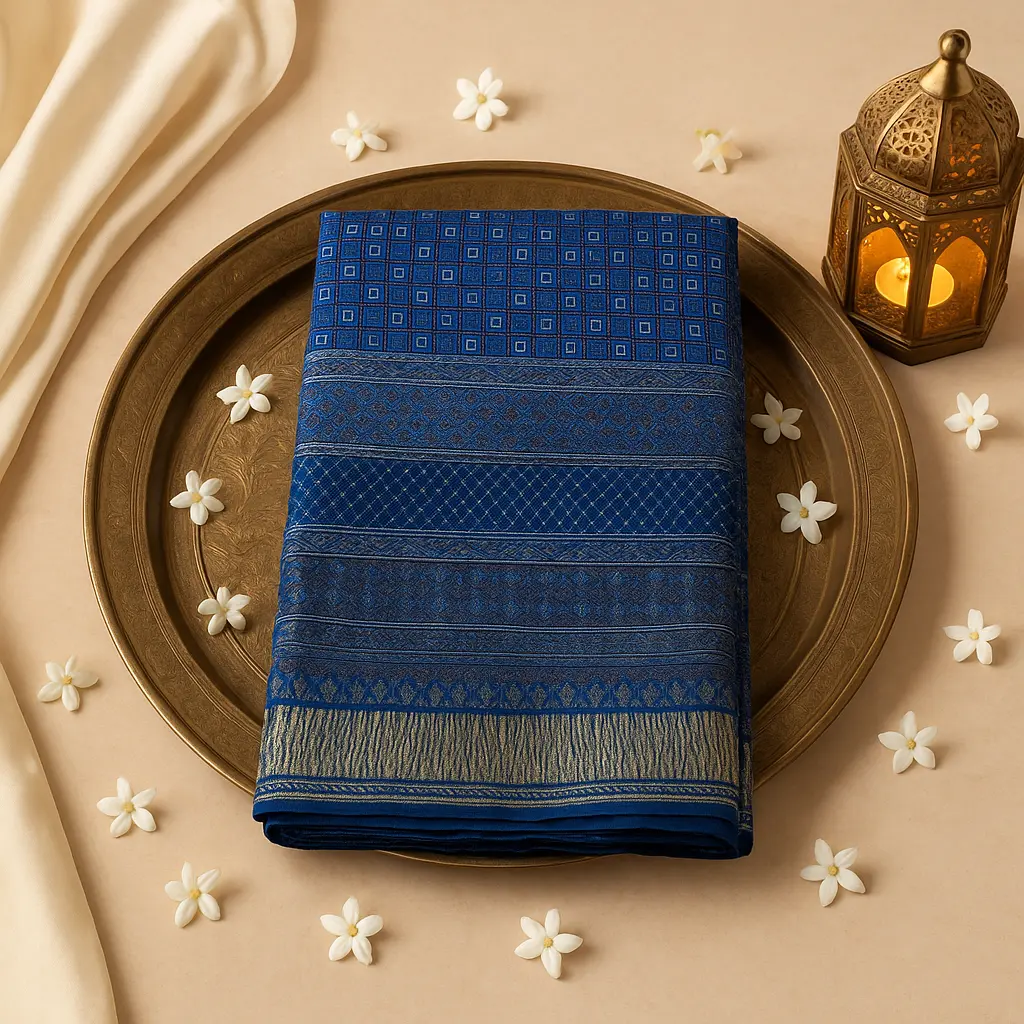 Elegant Indigo Ajrakh Print Designer Saree with Zari Border
