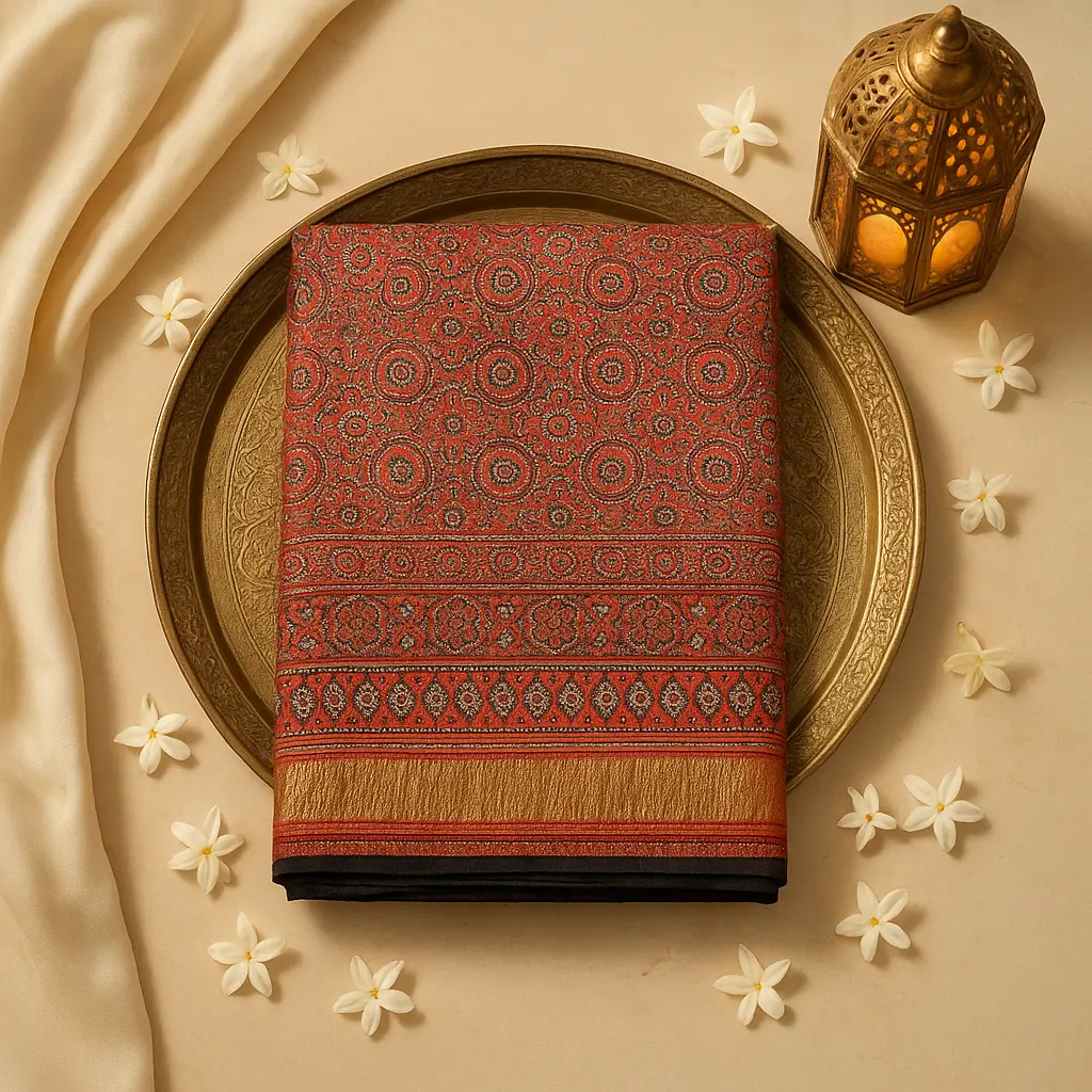Elegant Ajrakh Print Saree with Intricate Mirror Work Detailing
