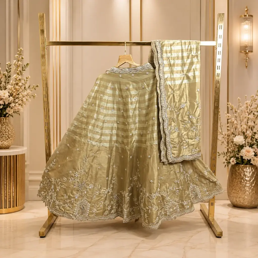 Women's Antique Gold Embroidered Lehenga Choli with Dupatta