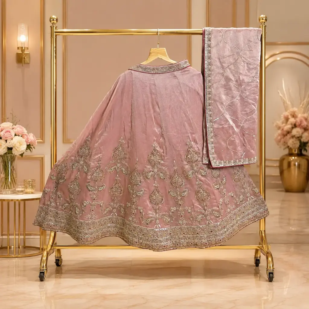 Women's Dusty Pink Embroidered Lehenga Choli with Dupatta, Heavy Sequin Work, Designer Border