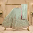 Women’s Mint Green Embroidered Lehenga Choli with Dupatta, Heavy Sequin n Zari Work, Designer Border
