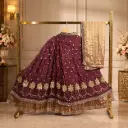 Women’s Wine Maroon Embroidered Lehenga Choli with Gold Dupatta, Sequin Floral Work